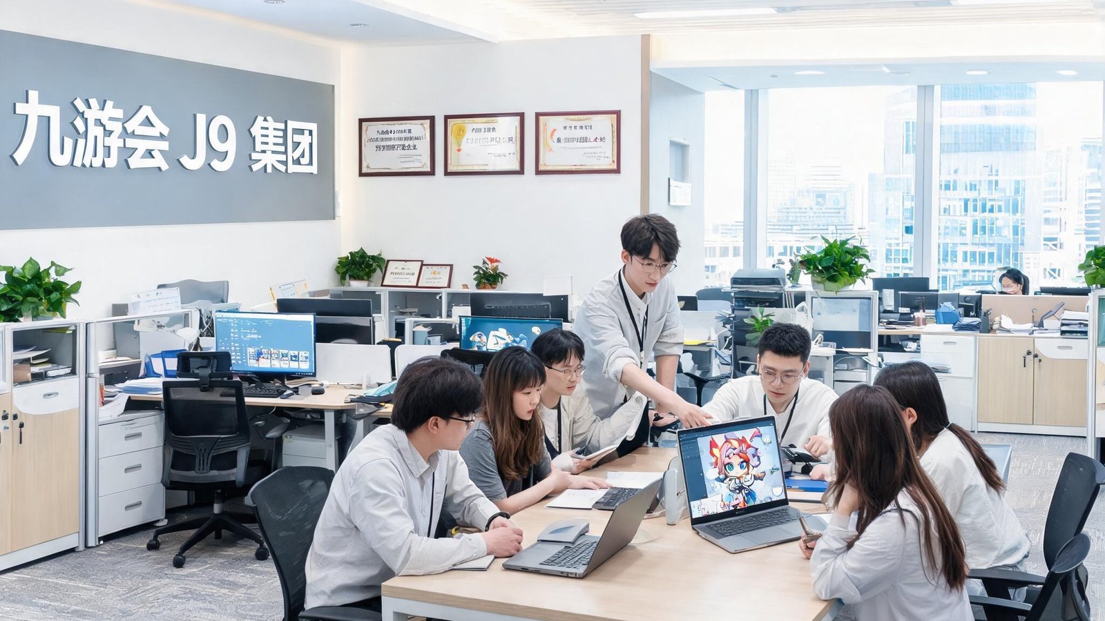九游会J9集团总部办公室：现代开放式办公空间，团队成员正在讨论游戏开发方案，墙上挂有品牌荣誉证书