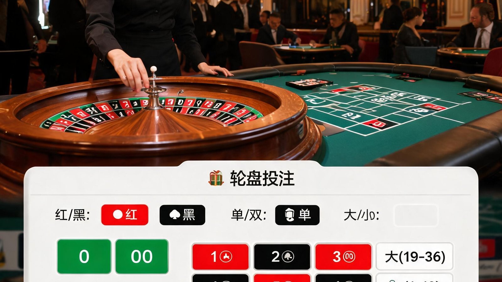 轮盘真人游戏场景：荷官转动轮盘，玩家界面显示多种投注选项，画面精致